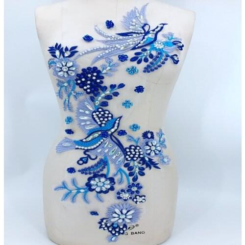 Handmade blue Hot drilling Rhinestone lace embroidery patch applique wedding dress bordados DIY Performance clothing