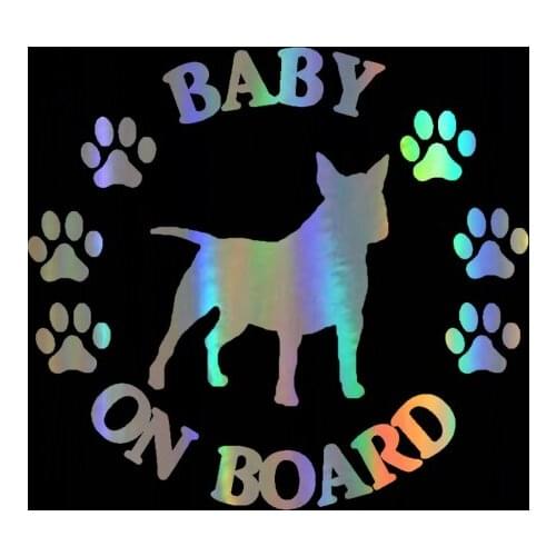12.7CM*11.7CM BABY ON BOARD Bull Terrier Dog window Decal Motorcycle Reflective Laser Vinyl window Sticker window Styling
