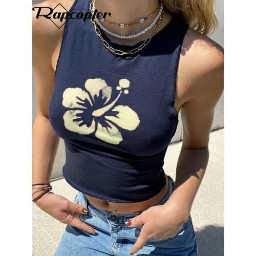 Rapcopter Floral Tank Tops y2k Aesthetic Corset Top Vintage Seeveless O Neck Crop Top Women Contrast Harajuku Cute Tee Summer