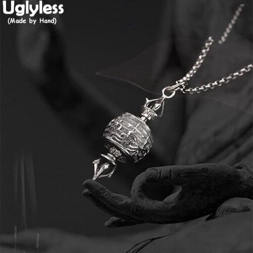 Uglyless 925 Sterling Silver Tibetan Prayer Wheel Necklaces without Chains Handmade Buddhism Mantra Jewelry Unisex Vajra Bijoux