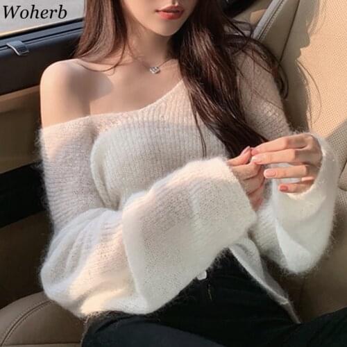 Woherb 2020 New Chic Mohair Thin Hollow Out Tops Women Capes Pullover Vintage Summer Jumper Femme Korean Crop Knitwear