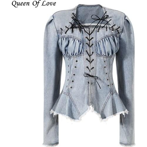 2021 New Autumn Fashion Streetwear Denim Jacketa And Coats Women Long Sleeve Irregular Bandage Drawstring Tops Y2K