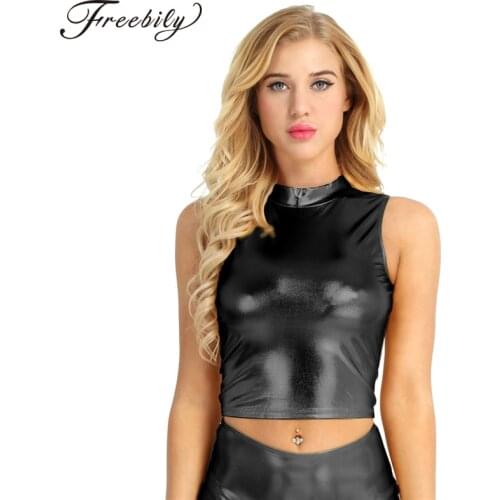 Womens Fashion Wet Look Tank Faux Leather Sleeveless Mock Neck Turtleneck Crop Club Evening Party Sexy Tank Tops