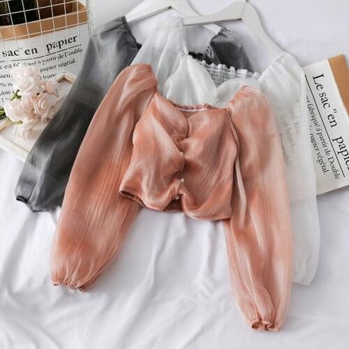 Ladies Solid Sweet Blouses Casual Fashion Short Style Female Tops And Blouses Puff Sleeves Summer Women Chiffon Lace Shirts