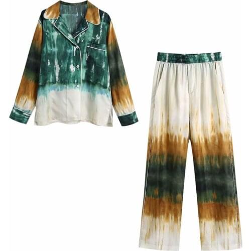 Spring and Autumn Womens Casual Print Lapel Long Sleeve Pocket Decorative Shirt + High Waist Straight Pants Set