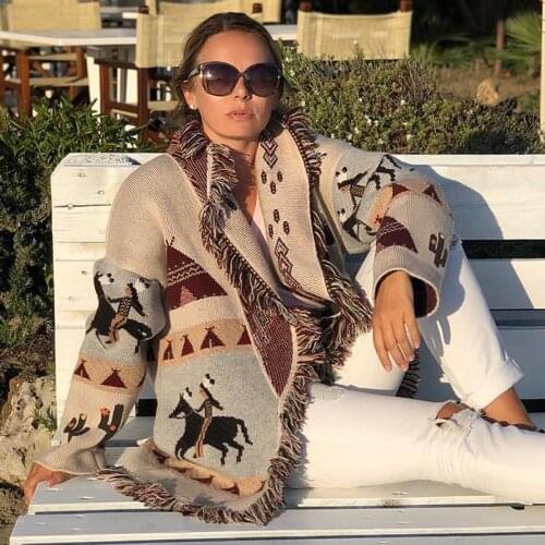 Flordevida Pattern Women Sweater Cardigan Jacket 2021 autumn winter warm coat Oversized Jacquard Cardigan fringe hem belt tied