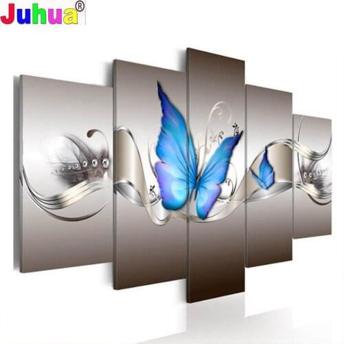 5D Diy Full Square/Round Diamond Painting 5 Piece Blue Butterfly 3d Pictures, Diamond Embroidery Animal Flower,Home Art A331