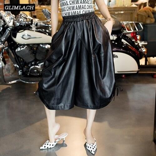 Women Genuine Leather Wide Leg Pants Loose Large Size Baggy Real Leather Trousers Lady Lace Up Sheepskin Casual Black Streetwear