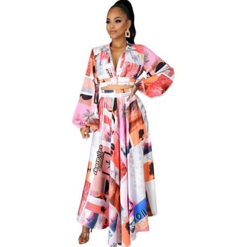 Long Skirt Women Set Lantern Sleeve Blouse Crop Tops And High Waist Skirt Outfits Fashion Print Elegant Office Lady 2 Piece Suit