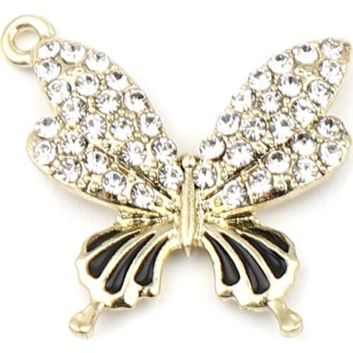 DoreenBeads Fashion Gold Color Butterfly Animal Metal Pendants Rhinestone Black/White Enamel Charms DIY Making Jewelry Gift,3PCs
