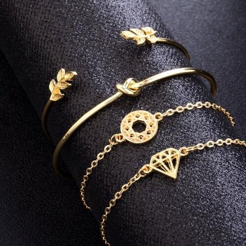 European and American 4-Piece Set Of Leaves, Flowers, Ladies Bracelets, Golden Opening, Diamonds, Knotted Hand Jewelry Gift