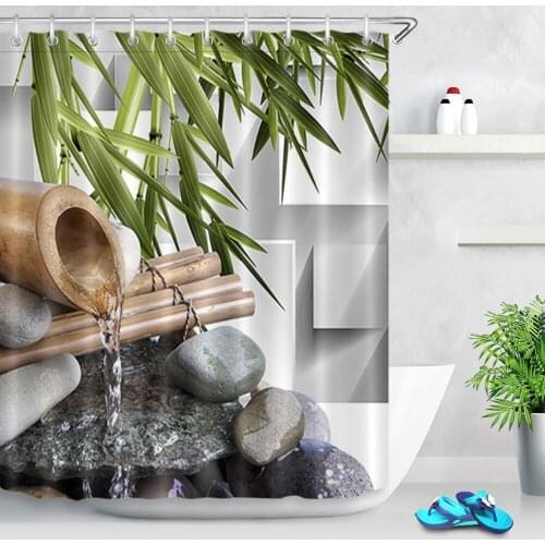 Zen Spring Water Black Stones Shower Curtain SPA Green Bamboo Flower Plant Polyester Fabric Bathroom Curtains for Bathtub Decor