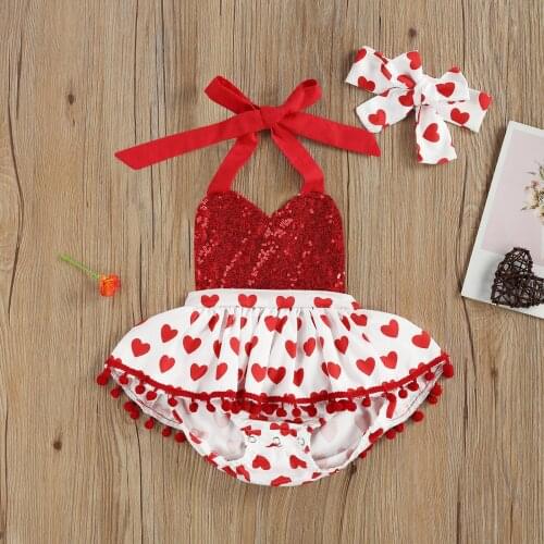 2Pcs Newborn Baby Girls Rompers Pompom Sequin Halter Romper + Headband Princess Outfits Sleeveless Love Print V-Neck Clothes