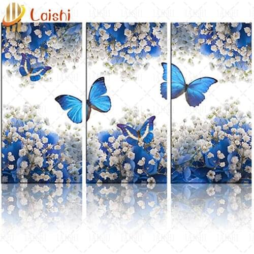 3pcs Diamond Painting Blue butterflies, blue and white flowers Full Square Diamond Embroidery Picture Of Rhinestones Handicraft