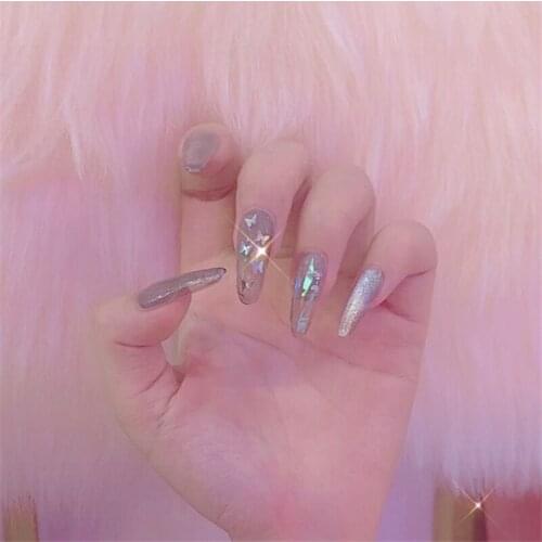 New glazed pure color with butterfly decoration 3d fake nails Bride false nails 24pcs with glue lady full nail tips Nail art