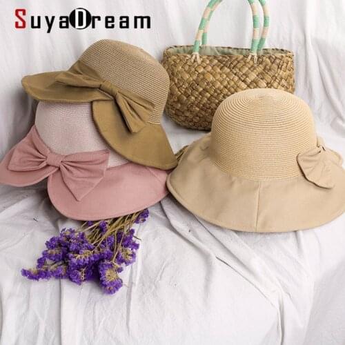 SuyaDream Sun Straw Hat Wide Brim Summer Hat Foldable Roll up Floppy Beach Hats for Women