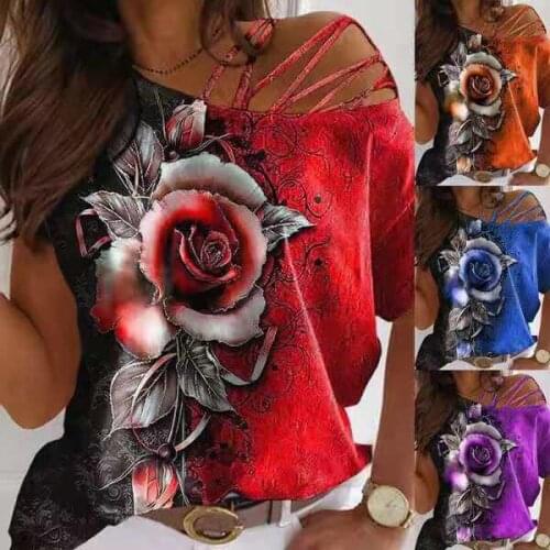Rose Print All-match Oblique Wide Collar Sexy Patchwork Ladies T-shirt Summer Bright Color Aesthetic Clothes Womens T-shirts