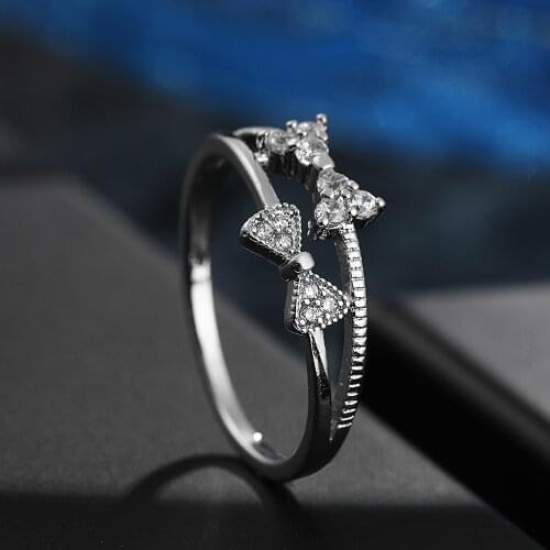 Ladies Rings Fashion Charm Simple Silver Plated Banquet Wedding Rings Cubic Zirconia Bow Rings Gift for Couples Jewelry
