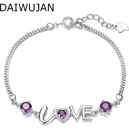 Fashion Love Heart Bracelets For Women Girls White Purple Zirconia Chain Linked Charm Cuff 925 Sterling Silver Jewelry Pulseira