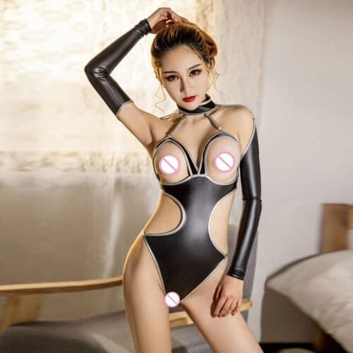 Sexy Women Shiny Bandage High Cut Bodysuit Hollow Out Stripe Sexy Tight Backless Leotard Latex Bodysuit