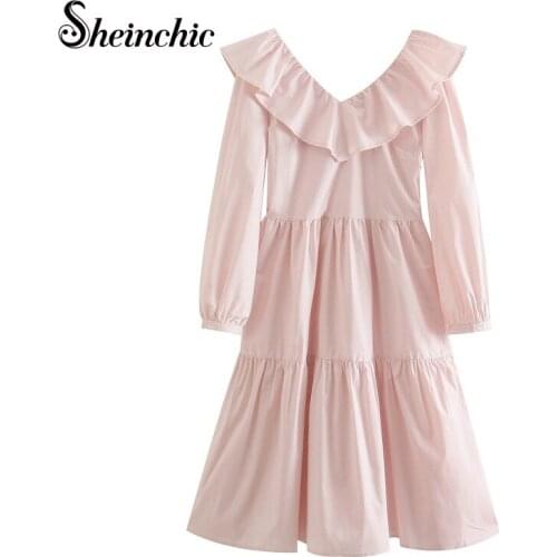 Elegant Pink Ruffles Midi Dresses for Women 2021 Spring Autumn V-neck Long Sleeve Loose Casual Vestidos De Fiesta