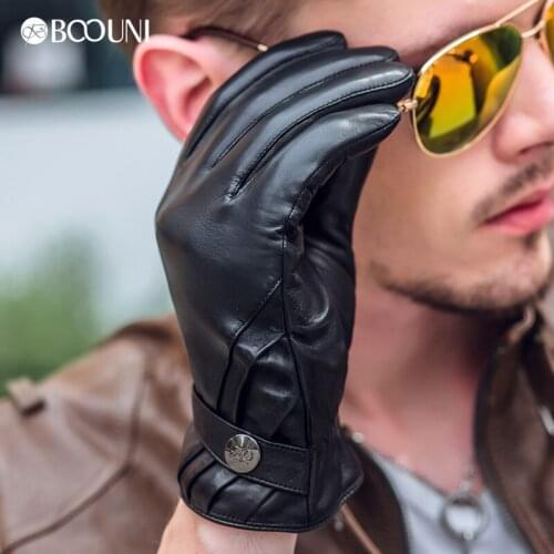 Winter Thicken Warm Motorcycle Driving Sheepskin Gloves Men Fashion Black Genuine Leather Glove For Male NM790