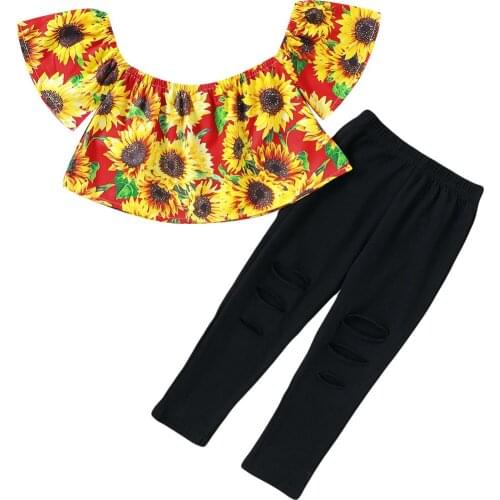 0-5Yrs Children Girls Sunflower Clothes Outfits Soft Off Shoulder Tops Ripped Pants 2Pcs Summer Clothing Set