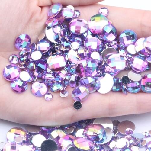 Acrylic Beads Acrylic Flat Back Round Earth Facets Light Purple AB Colors Acrylic Strass Nail Art Rhinestones Glue On