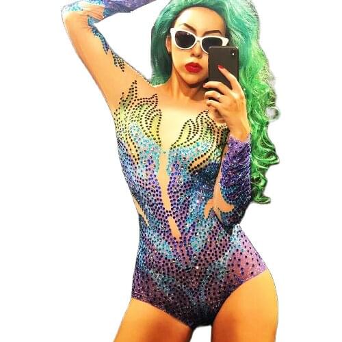 Shining Rhinestones Bodysuit Women Long Sleeve Mesh Gauze Backless Bodycon Ladies Nightclub Performance Dance Costume Stage Wear