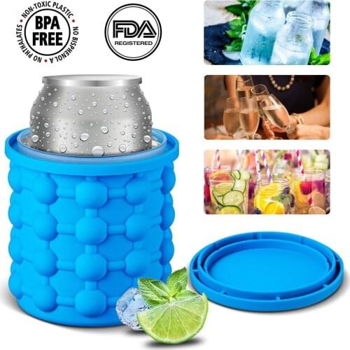 Large 2 in 1 Silicone Ice Bucket Ice Cube Maker Genie Mold With Lid Space Saving Crushed Ice Tray Mold Wine Chilling Bucket Tool