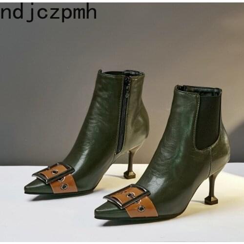 Boots Women The New Winter Fashion Color Matching Pointed Belt Buckle Fine Heel High Heel Short Tube Women Shoes Plus Size 32-48