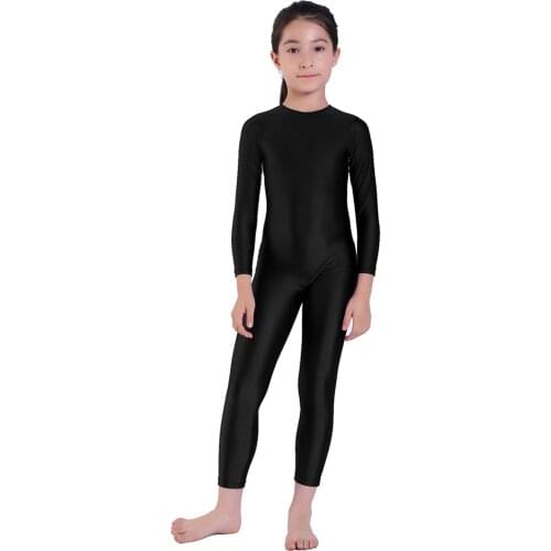AOYLISEY Girls Black Long Sleeve Unitard Boys Gymnastics Bodysuit Spandex Full Body Kids Jumpsuit Scoop Neck Dance Costumes