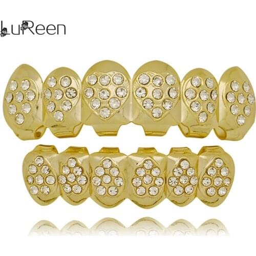 LuReen Punk Heart Shape Crystal Teeth Grillz Top Bottom Gold Silver Color Grills Dental Teeth Caps Halloween Party Jewelry Gift