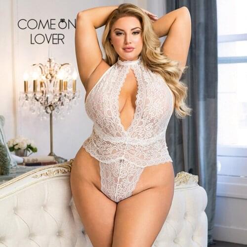 Comeonlover Bodysuits Women Clothes Solid Plus Size Fashion Halter Linght Thin Lace Breathable Open Cup Back Hollow Lady Teddy