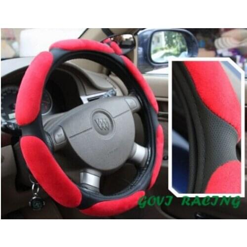 Red leather Steering wheel cover with suede 36cm universal pu leather DIY car steering wheel cover Car Protect Skidproof Cover