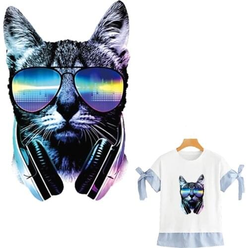 Cool Cat With Sunglasses Patches For Clothing Summer T-Shirt Patch Washable Heat Transfer Diy New Garment Accessory