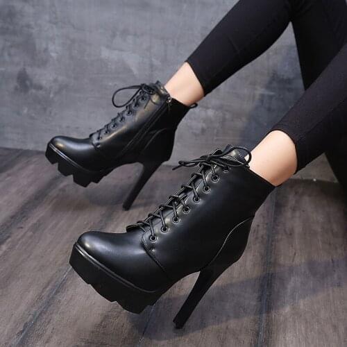 Fashion Stiletto Short Boots Trendy British Lace-Up Ankle Boots Round Toe Waterproof Platform Cross Straps Motorcycle Boots