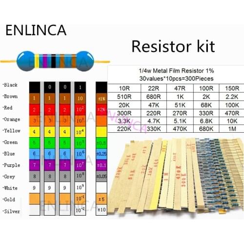 300pcs/lot 30Values* 10pcs 1% 1/4 W resistor pack set diy Metal Film Resistor kit use colored ring resistance (10 ohms~1 M ohm)