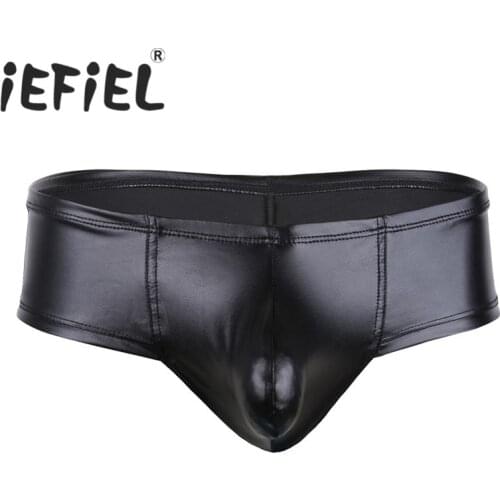 IEFiEL Newest Male Mens Lingerie Briefs Black Faux Leather Pouch Bikini Briefs Underwear Underpants Nightwear Clubwear Panties