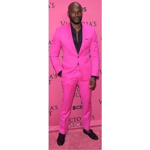 New Arrival Groomsmen Shawl Lapel Groom Tuxedos Hot Pink Men Suits Wedding Best Man (Jacket+Pants+Tie+Hankerchief) C28