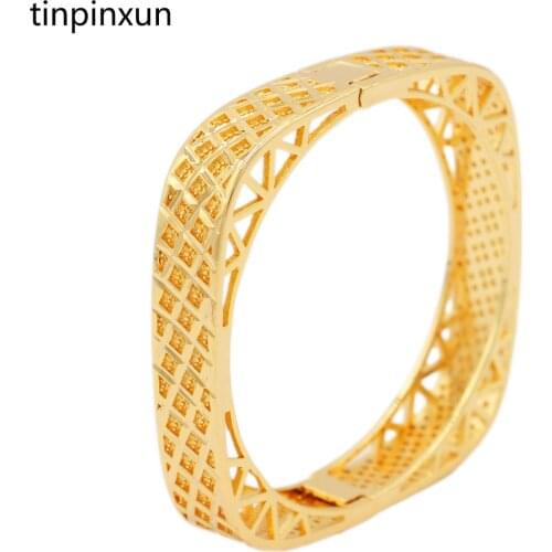 PINXUN (can open)Square Ethiopian Gold Color Bangles For Women Girls African Dubai Bracelet Party Wedding Jewelry Gifts