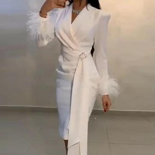 White Prom Dresses Mermaid Satin Long Sleeve Feather Gowns Elegant Short Night Evening Party With Sash 2020