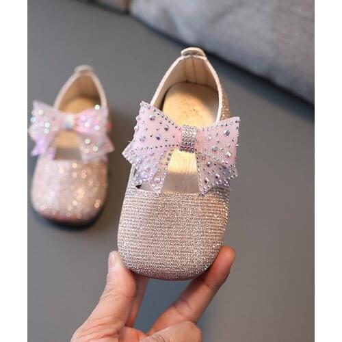 Pink Silver Bow tie soft sole toddlers Shoes Little Princess Leather Shoes Kids Baby Girls Flat Single Shoes chaussure fille