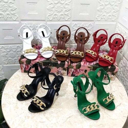 Women Sandals Gold Chain High Heels Female Shoes Green Woman Thin Heel Open Toe Ankle Strap Ladies Footwear