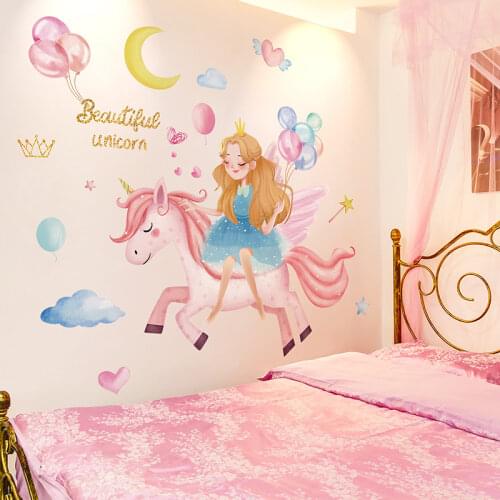 [shijuekongjian] Cartoon Girl Wall Stickers DIY Unicorn Animal Wall Decals for Kids Bedroom Baby Room Nursery House Decoration