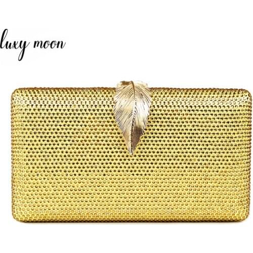 Diamond Rhinestone Evening Clutch Bag Female Purse Gold Color Metal Leaf Lock Wedding Bridal Bag Chain Mini Women Handbag ZD1265