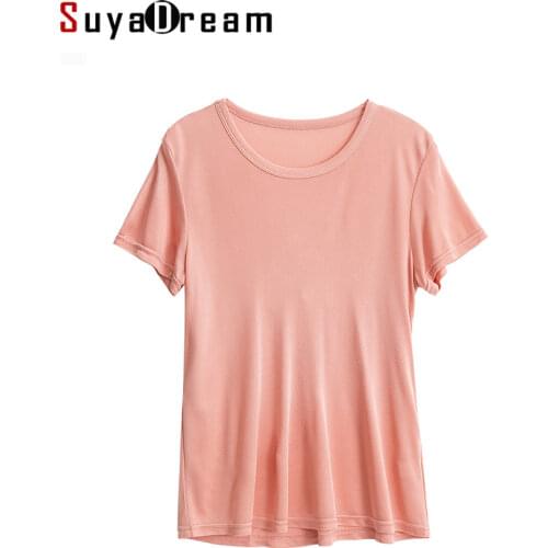 SuyaDream Women Solid T Shirt 23%Silk 77%Viscose O Neck Short Sleeves Chic Shirt 2021 Spring Summer Pink Silk Top XXXL