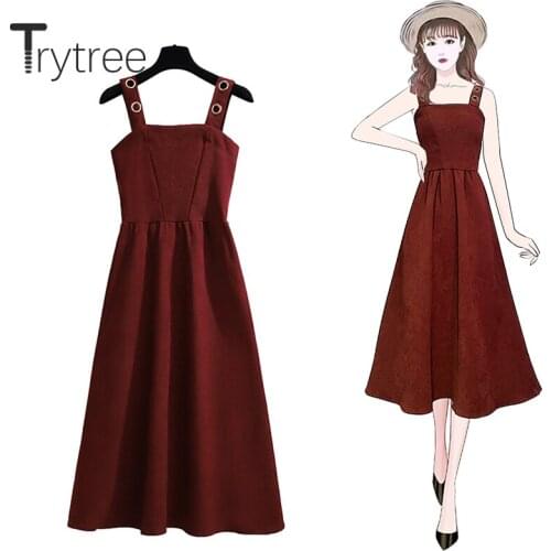 Trytree 2020 Summer Dress Women Casual Sling Dress Solid 3 Color Dress Fashion Vintage Elegant A-line Mid-Calf Sling Dress