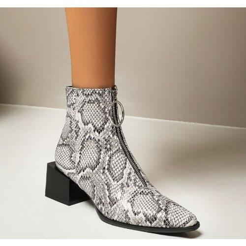 US4-12 Womens Pointed Toe Snake Pattern Ankle Boots Motorcycle Square High Heel Central Zip Shoes Warm Winter Plus Size 4Colors