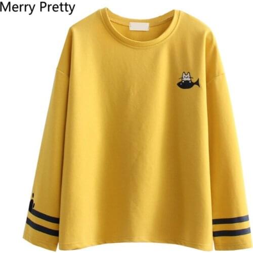 XUANHAO Women Cartoon Cat Embroidery T-Shirts Autumn Long Sleeve O-Neck Cotton T Shirt Femme Cute Harajuku Tops Tees